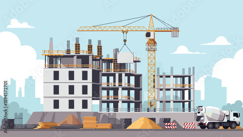 Active urban construction site featuring a tall crane and a multi-story building frame with a cement mixer truck and raw building materials.