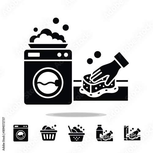 Domestic cleaning routine with washing machine and hand washing tasks including detergent bottle and laundry basket icons for household chores and