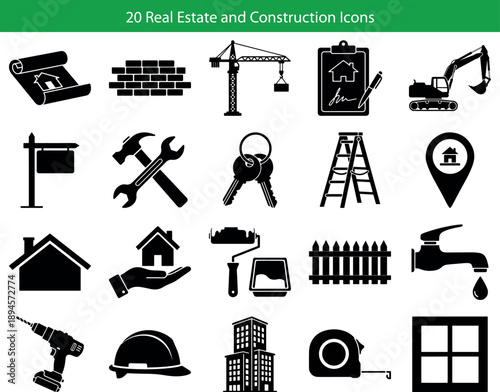 20 Real Estate and Construction Icons. Industrial vector symbols for building, renovation, and property development. Solid black silhouette glyphs including house, crane, keys, blueprint, and tools