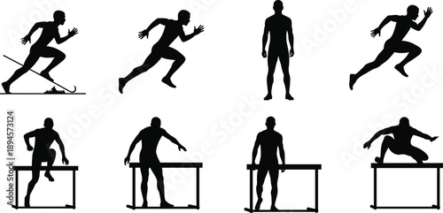 Athlete running and hurdle jump silhouette illustration set, sprint training motion poses, track and field workout sequence, fitness sport action vector design