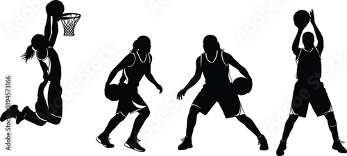 Basketball player silhouette illustration set, dynamic dunk dribble and shooting poses, professional street and indoor basketball action, athletic sports vector collection