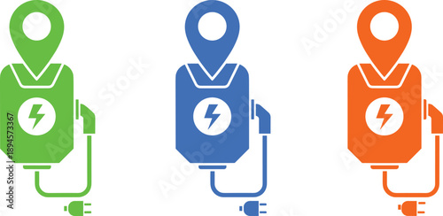 Electric vehicle charging station location icons, EV charger map pin symbols, colorful energy illustration for eco transportation concept design