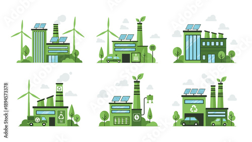 Set of six eco-friendly industrial factory designs featuring wind turbines and solar panels to illustrate green energy use in modern manufacturing.