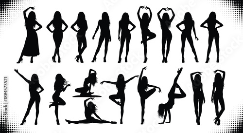 Female pose silhouette illustration set, elegant women standing dancing and yoga positions, fashion beauty movement collection, black stylish vector design