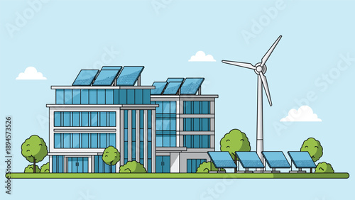 Modern glass office building featuring a rooftop solar panel array and a wind turbine on the lawn representing a commitment to sustainable energy.