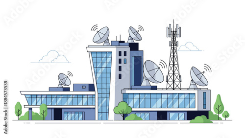 High-tech communications center facility featuring multiple satellite dishes and a tall radio tower for global broadcasting and data transmission.