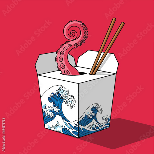 tentacle, food, box, chopsticks, wave, humorous