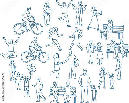 People lifestyle line art illustration set, daily urban activities and social interactions, walking cycling sitting characters, minimal outline style, modern vector collection
