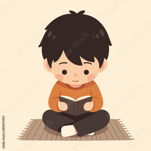 boy, reading, book, mat, indoors, thought