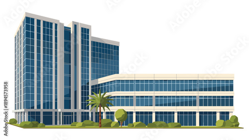 Corporate office building stands tall with a glass facade and minimalist landscaping including a palm tree on a white background.
