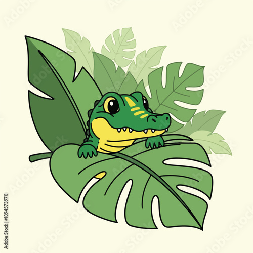 alligator, leaves, jungle, cartoon, nature, innocent