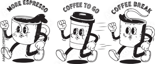 Coffee cups in motion: more espresso, coffee to go, coffee break Vector
