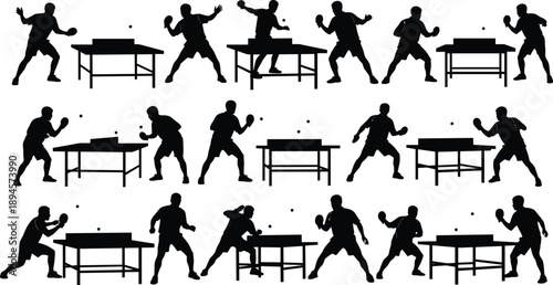 Table tennis player silhouette illustration set, dynamic ping pong match actions with serving hitting and smashing poses, competitive indoor sports motion, black vector collection