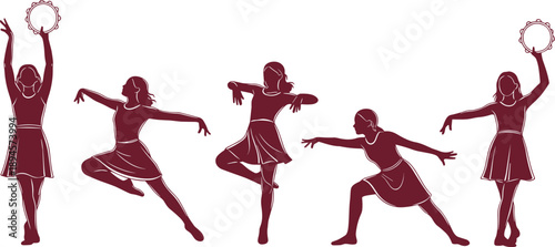 Tambourine dance illustration set, expressive female folk dancers in rhythmic motion poses, cultural performance sequence, elegant monochrome maroon silhouette, artistic vector design