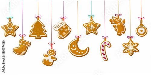 Colorful gingerbread cookies hanging on pink ribbons festive holiday treats