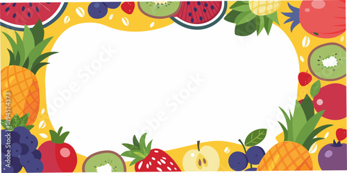 Colorful fruit border design with watermelon pineapple kiwi and apple illustrations