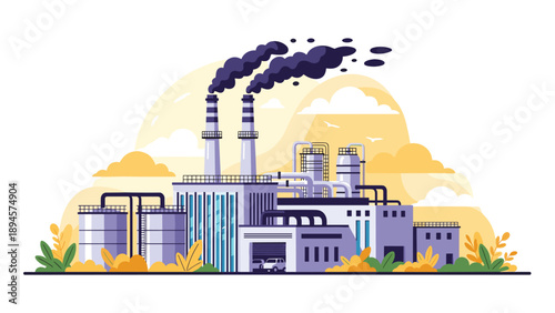 Heavy industrial factory complex emits smoke from tall chimneys surrounded by storage tanks and complex piping under a hazy sky.