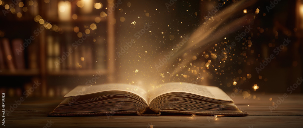 Obraz premium A book opens and light and sparkles emerge from it, created AI