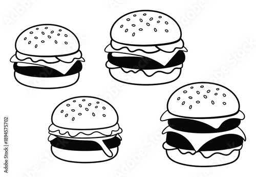 A Collection of Four Stylized Black and White Hamburgers