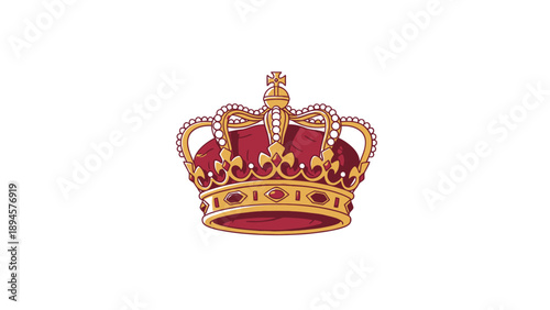 Royal gold and red crown with jewels and intricate design.