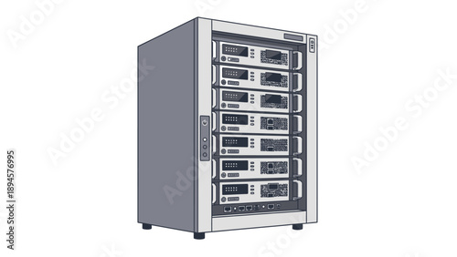 Modern server rack with multiple network devices in data center.