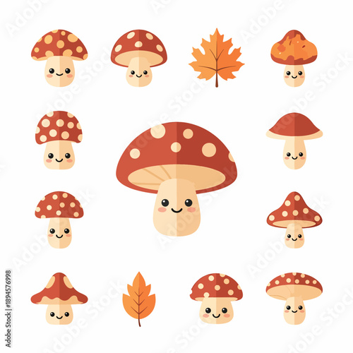 Charming Woodland Fungi Collection With Autumn Leaf Elements Cute Cartoon Style Art For Seasonal Design And Decor
