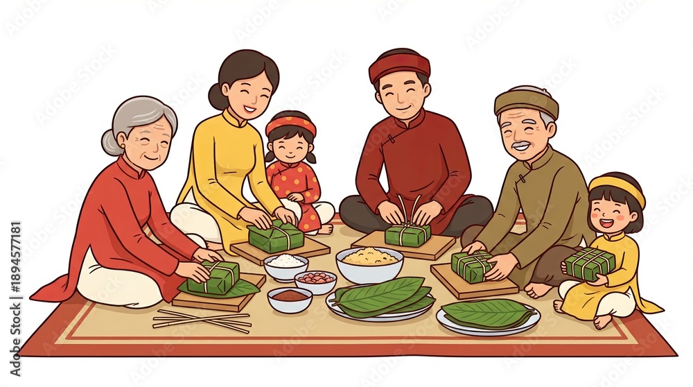 Fototapeta premium Flat illustration of people wrapping banh chung on a bamboo mat, traditional Vietnamese Tet scene, simple shapes, clear composition, isolated white background, stock illustration 