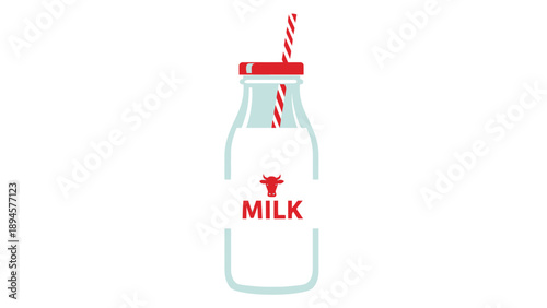 Vintage glass milk bottle with red striped straw isolated on white background.