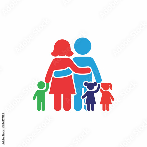 Stylized Flat Design Family Unit Comprising Parents And Children In Red Blue And Green Colors Representing Unity And Connection