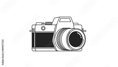 Black and white illustration of a vintage camera with detailed lens and body.
