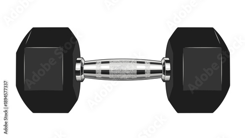 Single black hexagonal dumbbell isolated on white background for fitness and strength training.