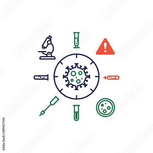Scientific research and laboratory analysis centered around a viral pathogen icon representing health care and medical discovery in a circular design