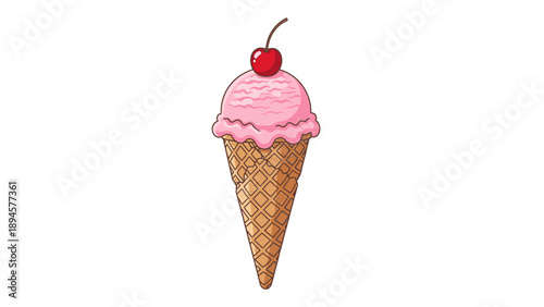Illustration of a single scoop of pink ice cream in a waffle cone topped with a red cherry.