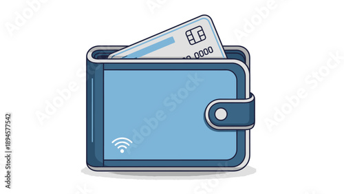 Blue wallet with credit cards showing contactless payment symbol.