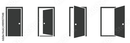 Door Icons Set, Open, Closed, and Ajar Door Symbols Collection, Opened Entrance Door Set in Flat Style Stock Vector Illustration for UI and Design Use.