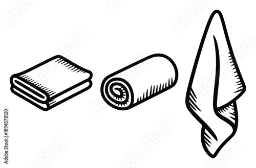 Three stylized drawings of folded, rolled, and hanging towels