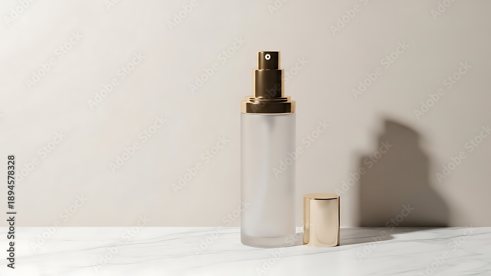 Naklejka premium Minimalist Design of a Frosted Glass Spray Bottle with a Polished Gold Cap Placed on a White Marble Surface with Sharp Geometric Studio Shadows