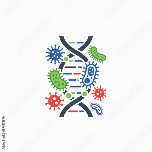 Genetic code transformation visualized with helix structure surrounded by varied microorganisms and viral particles representing biological research