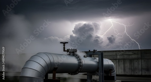 Large industrial silver metal pipe with valves during thunderstorm