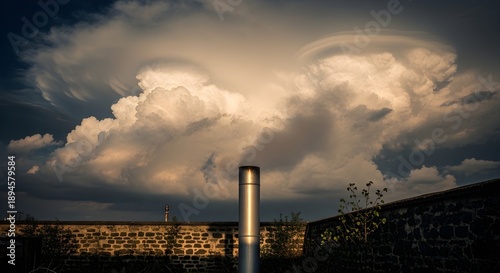 Metal chimney pipe standing against stone wall under dramatic stormy sky