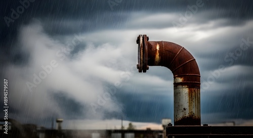 Rusty industrial pipe venting steam on rooftop during rainstorm