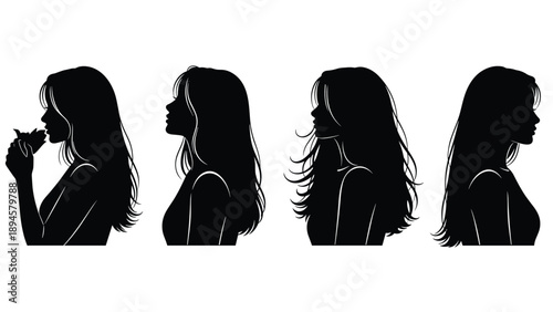 Black silhouette set of beautiful woman profile with long hair, smelling flower, and different hairstyles, isolated on white background, vector.