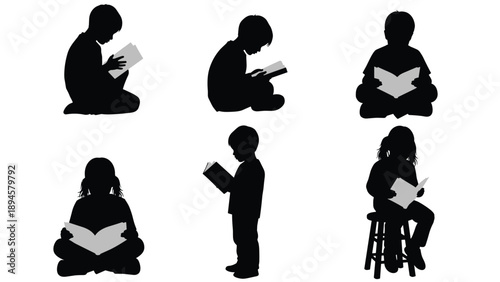 Black Silhouette Set of Children Reading Books, Young Boys and Girls Studying in Various Sitting and Standing Poses, Education Graphics,