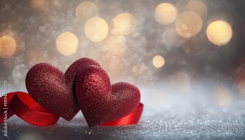 Fototapeta premium Two shimmering maroon hearts rest on a glittering surface with warm bokeh lights illuminating the background
