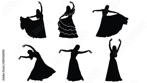 Black Silhouette Set of Female Flamenco Dancers, Spanish Woman in Traditional Long Dress Performing Folk Dance Poses for Cultural Heritage Graphics,