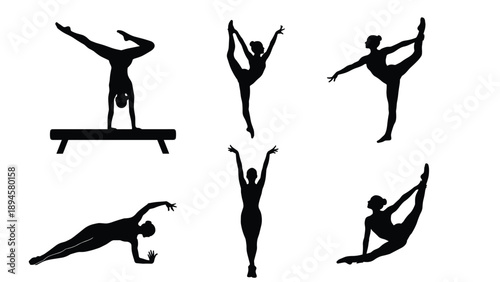 Black Silhouette Set of Female Gymnasts and Yoga Poses, Rhythmic Gymnastics, Balance Beam, Flexibility, and Athletic Performance for Fitness Design Elements,