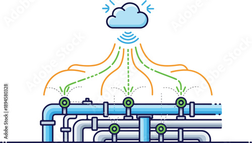 Industrial pipes and valves connected to a cloud symbol, showcasing a network of infrastructure and automation via RJ Whisk Auto