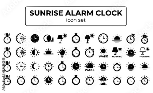 Sunrise Alarm Clock Wake Light Dawn Simulation Natural Morning Therapy Gradual Lamp Timer Circadian Device Vector Icon Set - Wake Light