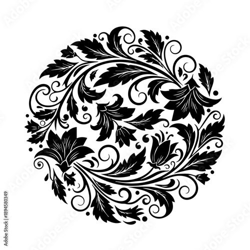 Ornate black floral illustration featuring leaves and flowers in a circular arrangement, creating a decorative pattern