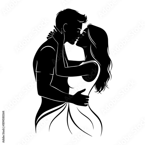 Couple embracing and kissing intimately in a tender romantic moment illustration